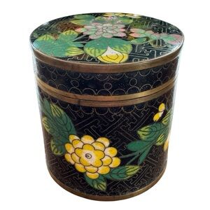 Antique Chinese Cloisonne Enamel Round Covered Lidded Box Jar Floral